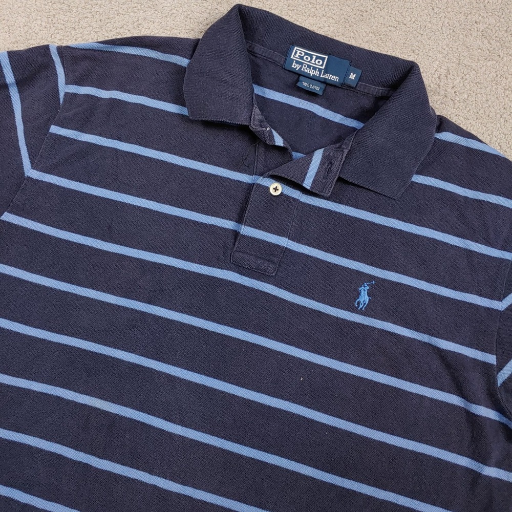 Polo Ralph Lauren Polo Shirt - Men M Navy Blue Striped Short Sleeve Cotton Logo